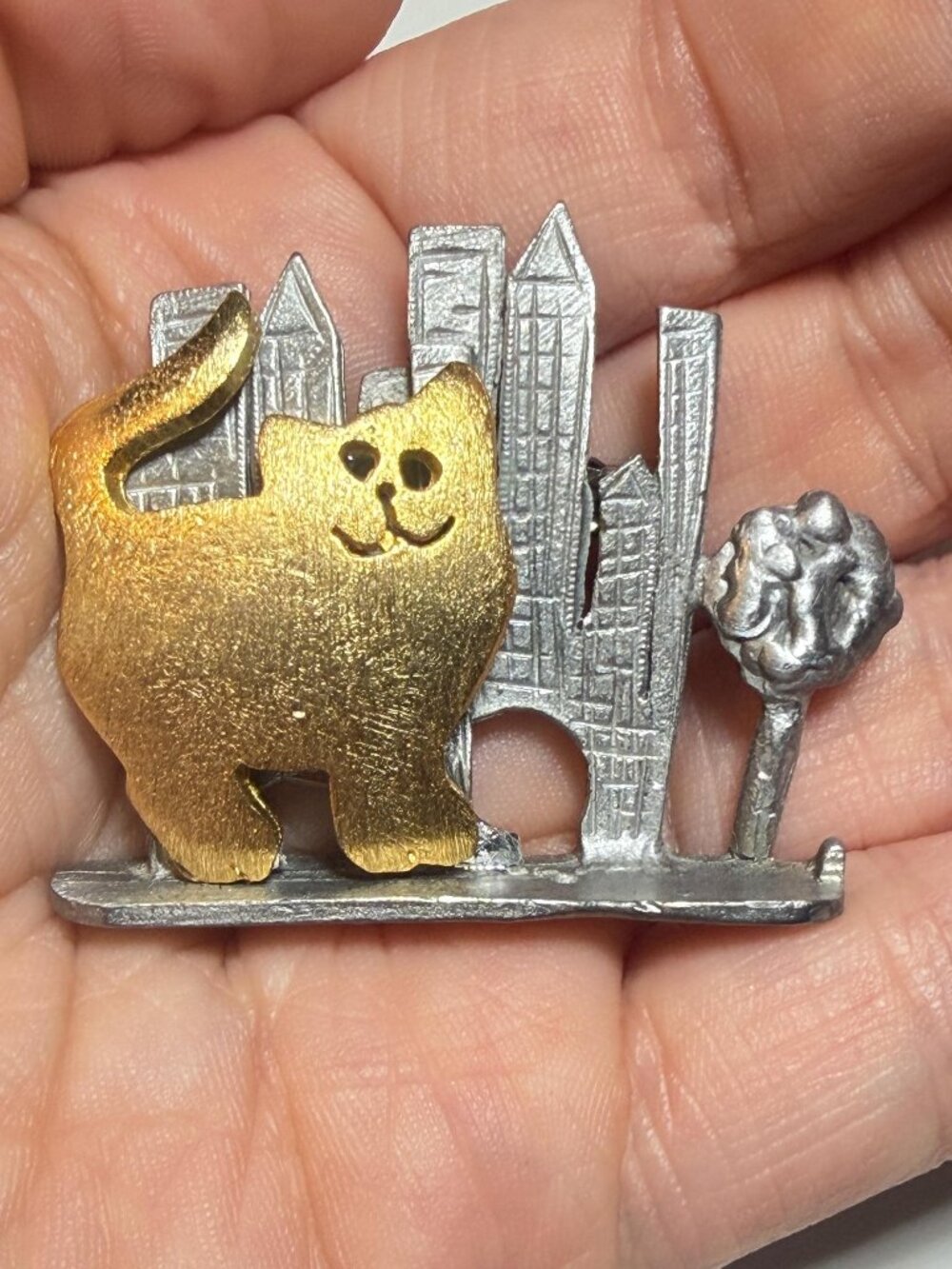 Ultra Craft Cat Cityscape Brooch OOAK Upcycled Vintage